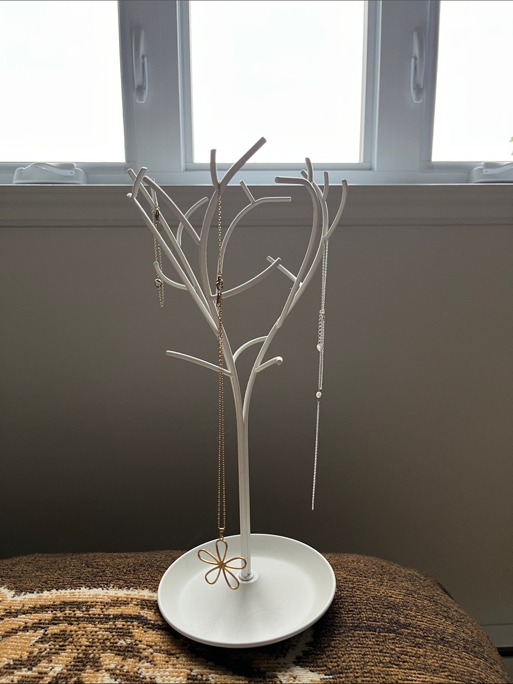 White Metal Tree Jewelry Stand with Catchall Dish